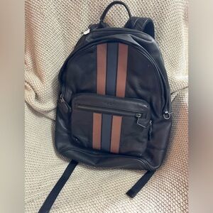 Coach Black Leather Backpack with Brown and Navy Center Stripes